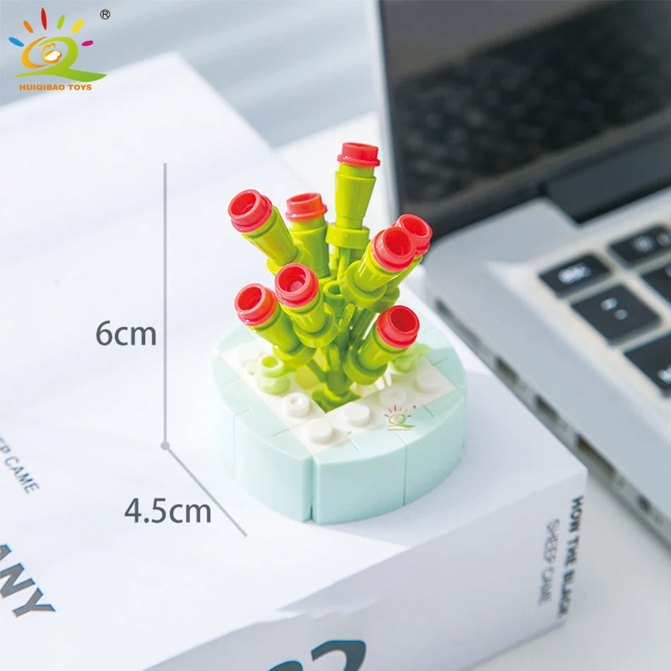 HUIQIBAO MOC Flower & Succulent Potted Building Block Set – DIY Eternal Bouquet, Home Desk Plant Decor, Girls & Kids Toy Gift