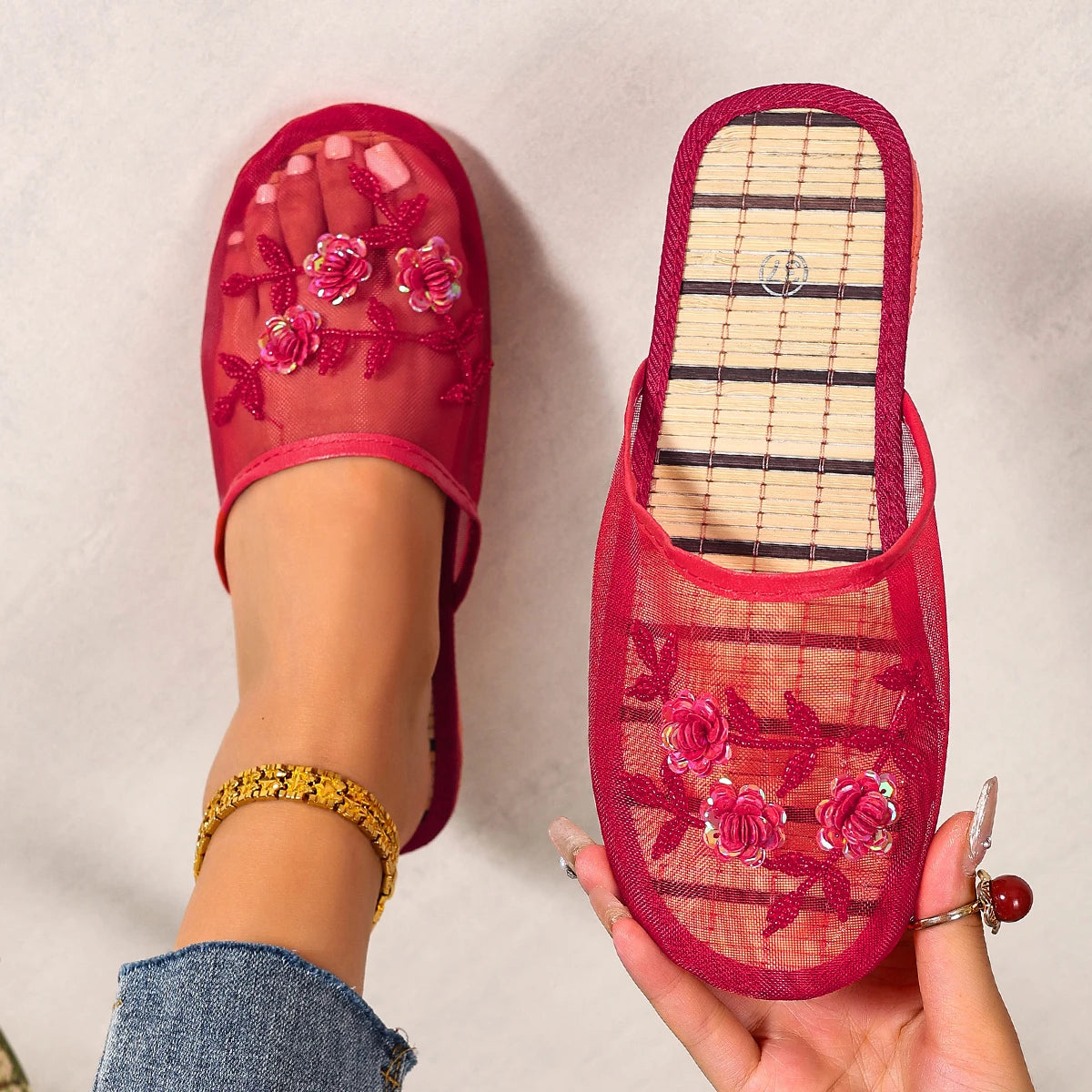 Women’s Embroidered Sequin Flower Mules - Breathable Mesh Closed-Toe Soft Sole Summer Sandals