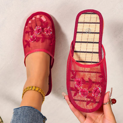 Women’s Embroidered Sequin Flower Mules - Breathable Mesh Closed-Toe Soft Sole Summer Sandals