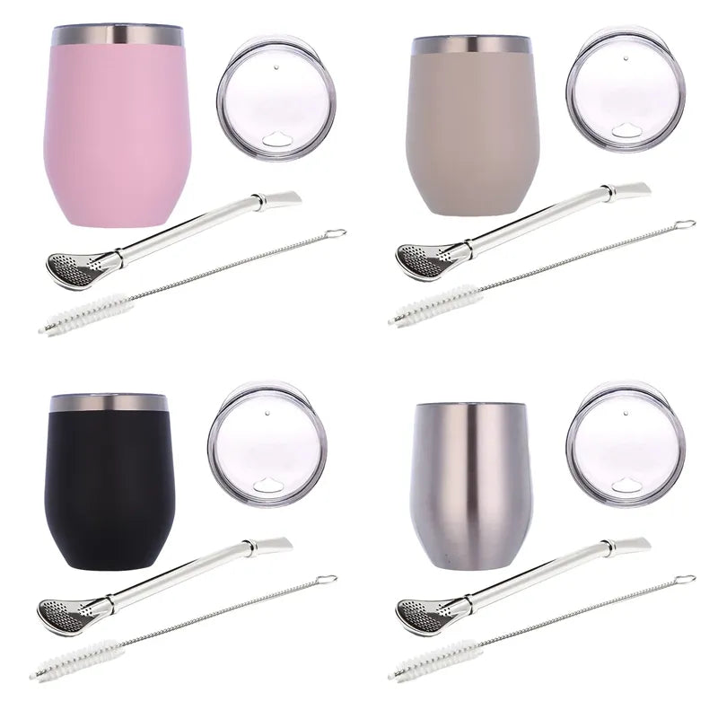 Double-Wall Stainless Steel Yerba Mate Tea Set - Gourd-Shaped Coffee Cup with Lid, Spoon, Straw, Bombilla Head Filter, and Brush