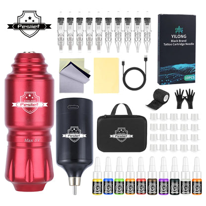 Rotary Wireless Tattoo Machine Kit – Complete Set with 10PCS Cartridge Needles, Permanent Makeup Tool for Tattoo Artists