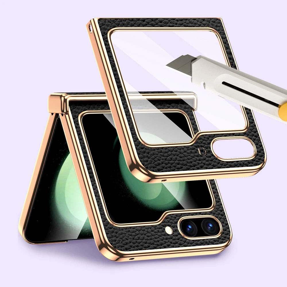 Cowhide Leather Samsung Galaxy Z Flip Case — Luxury Hinge Protection Cover with Tempered Glass for Flip 5/6/7