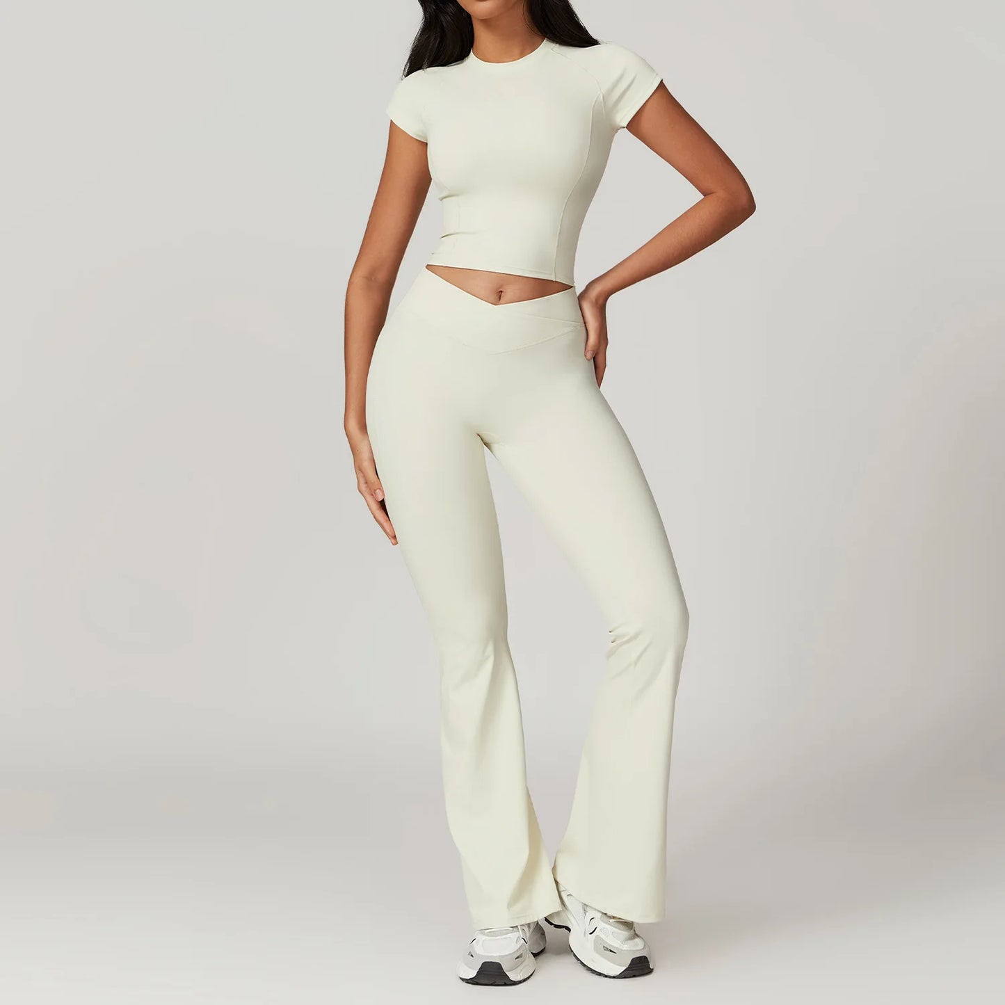 Women’s 2PCS Sportswear Yoga Set – Short Sleeve Crop Top & High Waist Leggings for Gym & Fitness