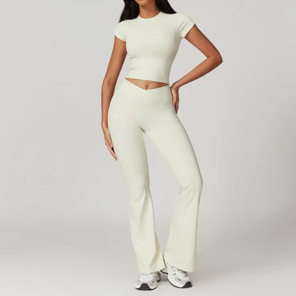 Women’s 2PCS Sportswear Yoga Set – Short Sleeve Crop Top & High Waist Leggings for Gym & Fitness