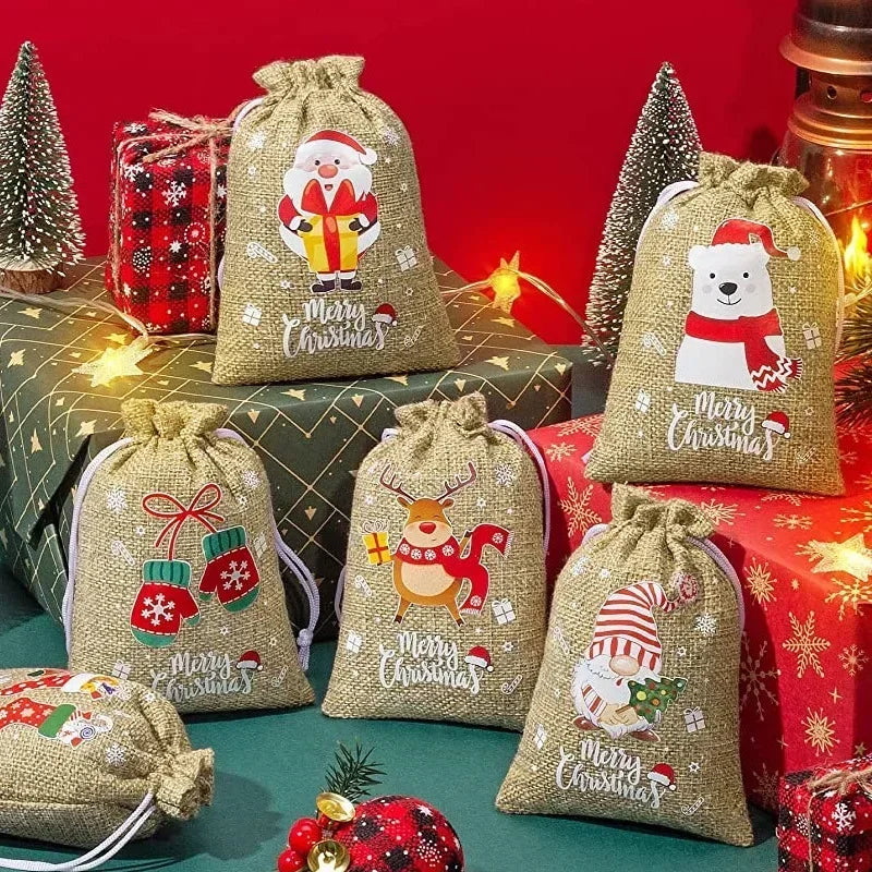Christmas Linen Drawstring Bags – Cartoon Santa & Snowman Candy Gift Pouches for Xmas Party Packaging