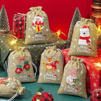 Christmas Linen Drawstring Bags – Cartoon Santa & Snowman Candy Gift Pouches for Xmas Party Packaging