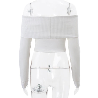 WhereMery Elegant Slash-Neck Ribbed Crop Top – Y2K Off-Shoulder Long Sleeve Camisole, Autumn Skinny French Style T-Shirt