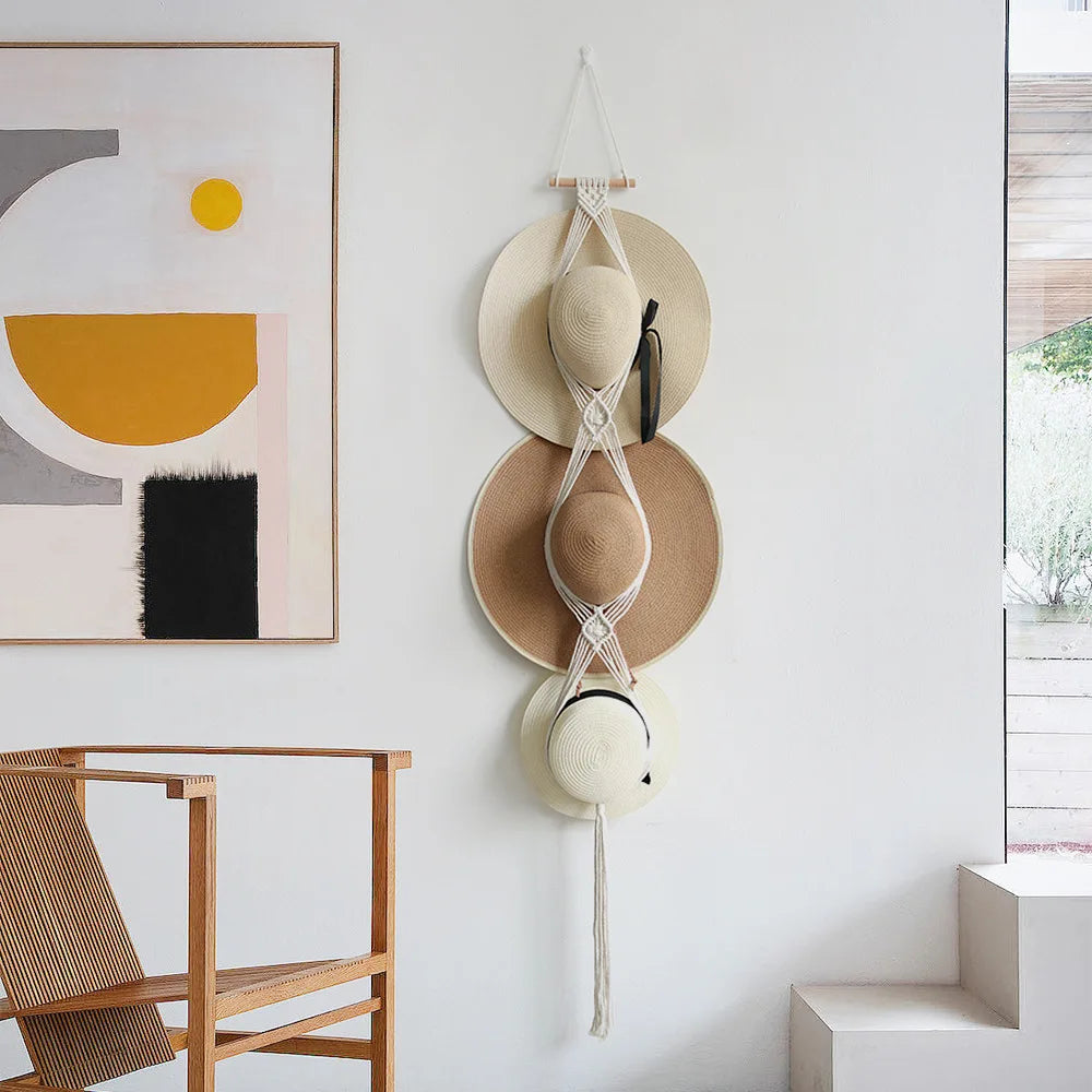 Nordic Boho Cotton Hanging Organizer: Hat & Scarf Storage with Macrame Tapestry Touch