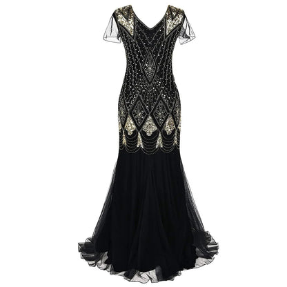 Women’s 1920s Great Gatsby Flapper Dress – Vintage V-Neck Sequin & Bead Long Mesh Maxi Party Prom Gown