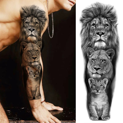 Full Arm Temporary Tattoo Sleeve - Realistic Warrior Lion Tiger Flower & Maori Design Fake Tattoos