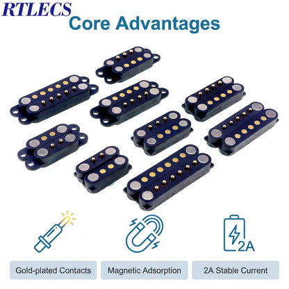 Magnetic Pogo Pin Connector - 2A Spring-Loaded 2.54mm Pitch Male Female PCB BTB Connector, 2–9 Pole Through-Hole Contacts, 1/3/5 Pairs