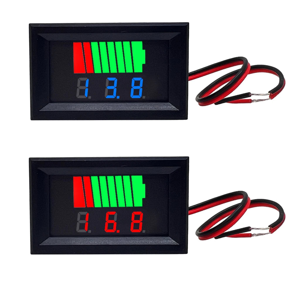 Car Battery Charge Level Indicator - 12V 24V 36V 48V 60V 72V Lithium Battery Capacity Meter, LED Tester and Voltmeter