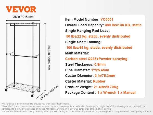 VEVOR Heavy Duty Garment Rack – Adjustable Length Clothes Rack with Bottom Shelf & Wheels for Laundry Room