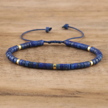 Natural Blue Emperor Stone Beaded Bracelet – Polished Block Beads, Adjustable Woven Rope Women’s Gift Jewelry