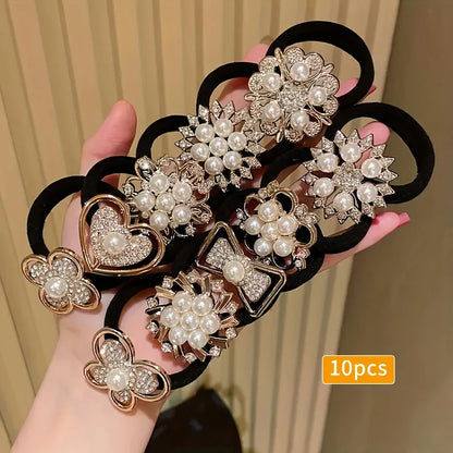 Rhinestone Hair Bands - 10-Piece Set of Elegant Embellished Elastic Hair Ties