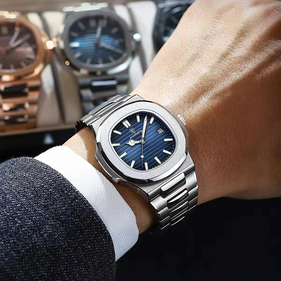 POEDAGAR Luxury Men's Watch – 30ATM Waterproof, Stainless Steel Square Quartz, Luminous Date, Business reloj hombre