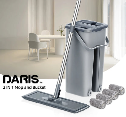 Hands-Free Flat Floor Mop & Bucket Set — Professional Home Cleaning System with Washable Microfiber Pads for Hardwood Floors