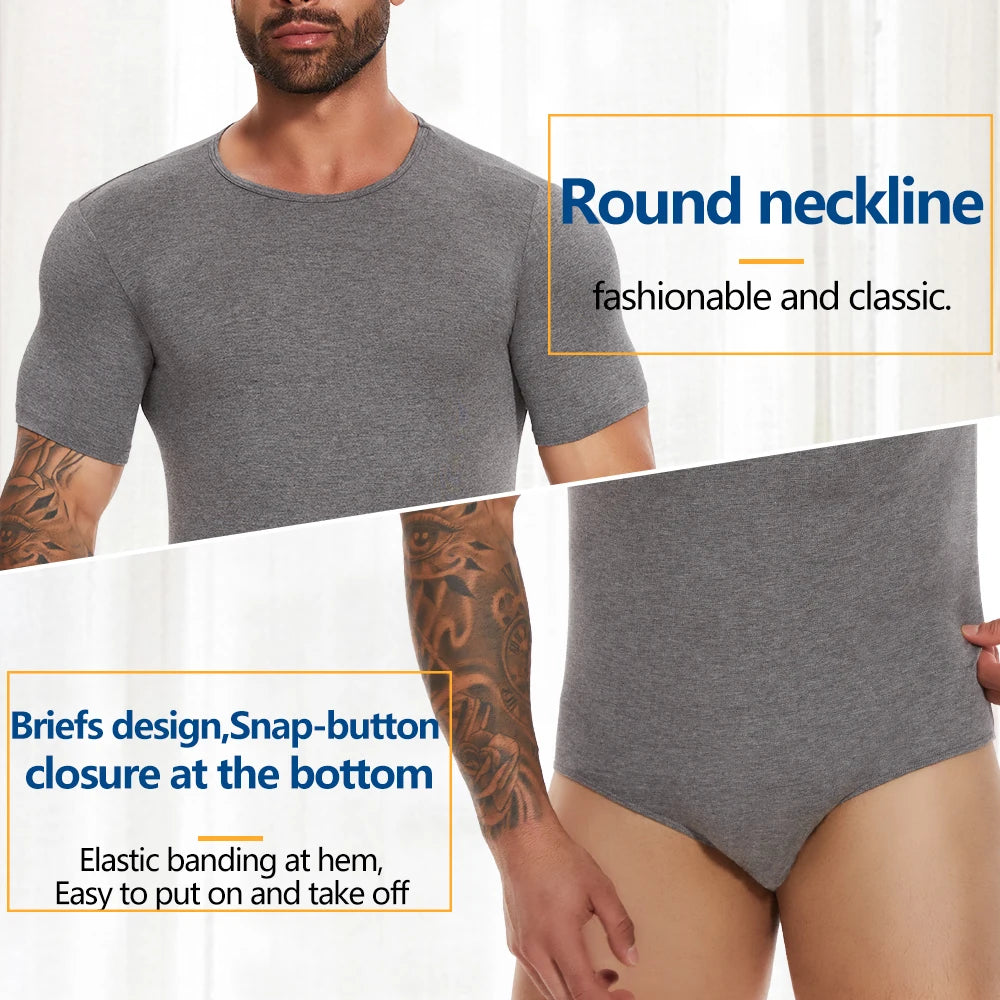 Men’s Short Sleeve Full-Body Shaper Bodysuit – Tummy Control Romper Pajamas, Waist Trainer Slimming Shapewear Undershirt