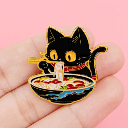 2/3-Piece Cute Black Cat Enamel Pin Set - Noodle Cartoon Badges for Backpacks, Hats, Collars, and Gifts