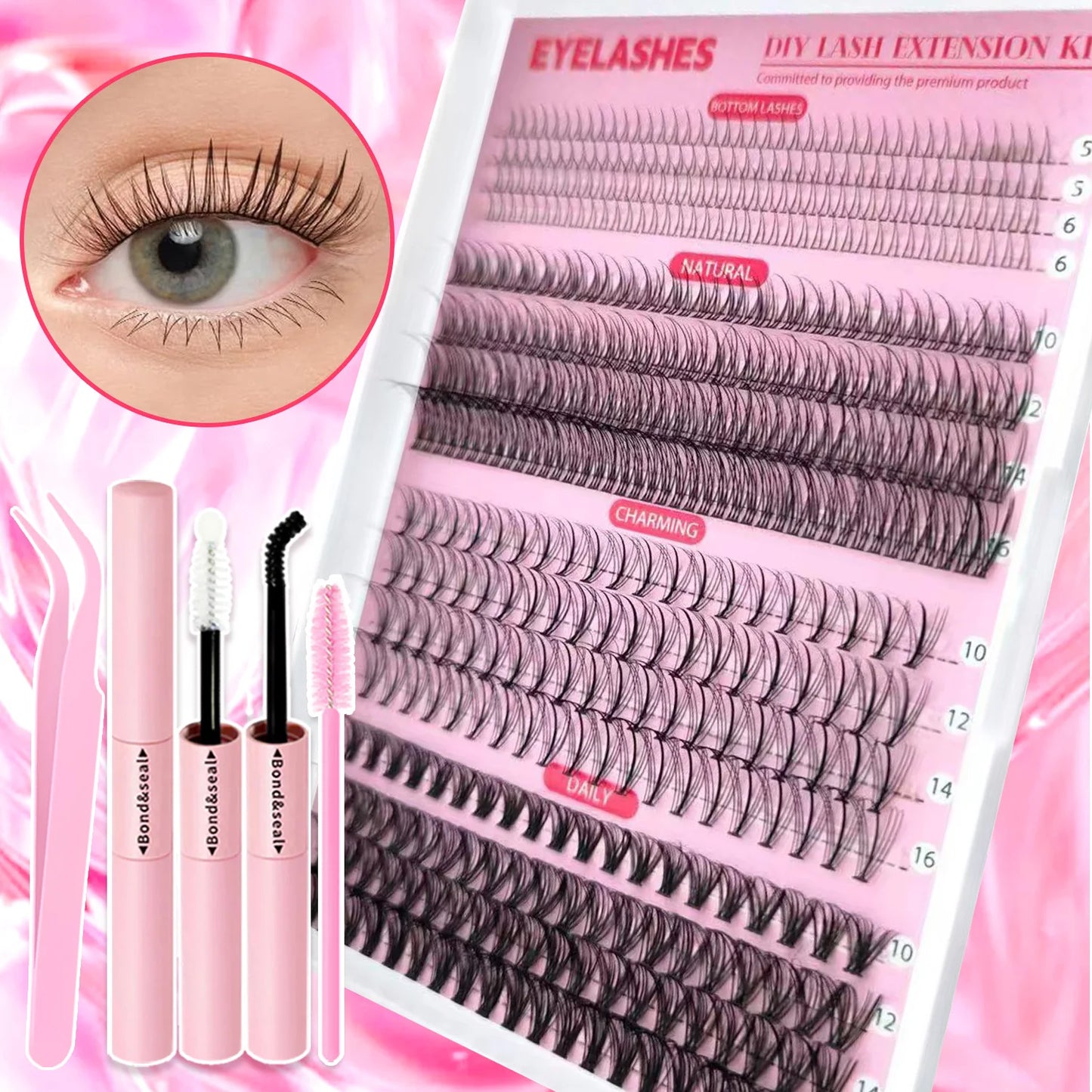 Top & Bottom Lash Extension Kit – 250/740 Cluster Fluffy Volume Mix Lengths DIY Eyelash Set for Bold Bombshell & Natural Lash Looks