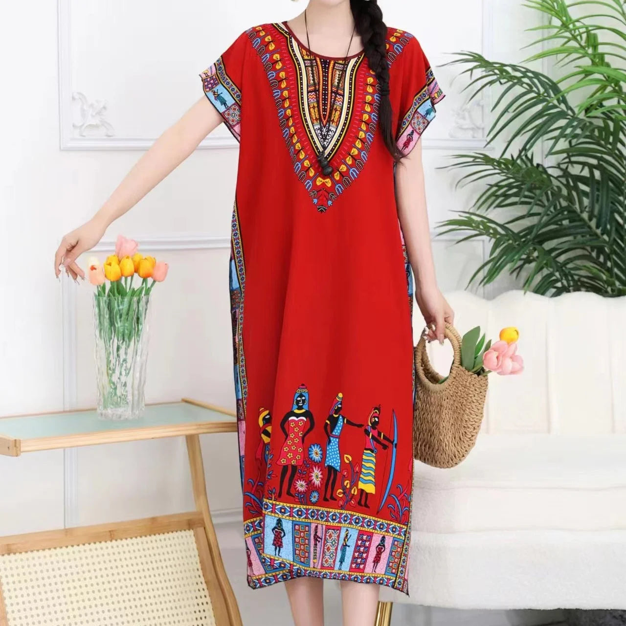 Women’s Bohemian Floral Tunic Dress - Retro Ethnic Print Batwing Sleeve Loose Summer Maternity Streetwear