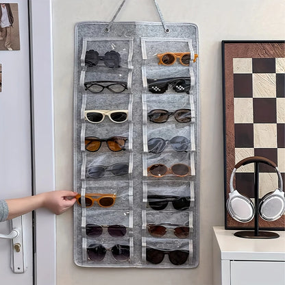 16 Slot Eyeglass Organizer - Felt Wall Mounted Sunglasses Holder with Dustproof Pocket Storage Display Bag