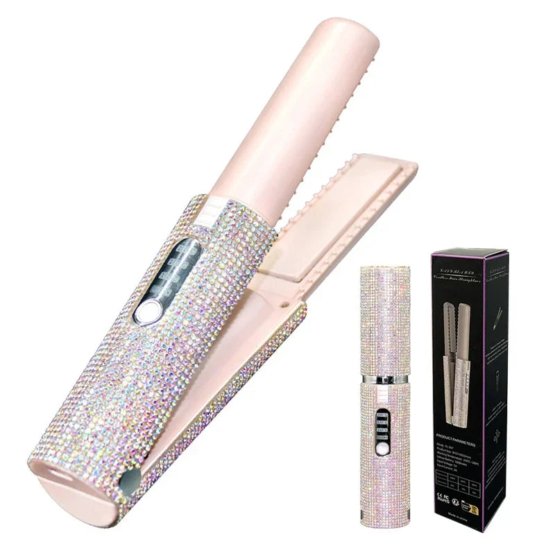 2-in-1 Wireless Hair Straightener & Curler – USB Rechargeable Diamond Design Styling Brush for Travel & Home
