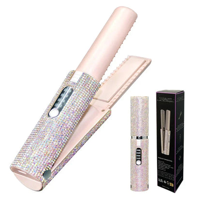 2-in-1 Wireless Hair Straightener & Curler – USB Rechargeable Diamond Design Styling Brush for Travel & Home