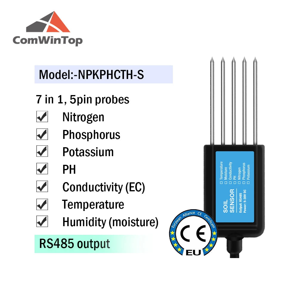 7-in-1 Soil Moisture, Temperature, Humidity, EC, pH & NPK Sensor with RS485, 4-20mA or 0-5V Output