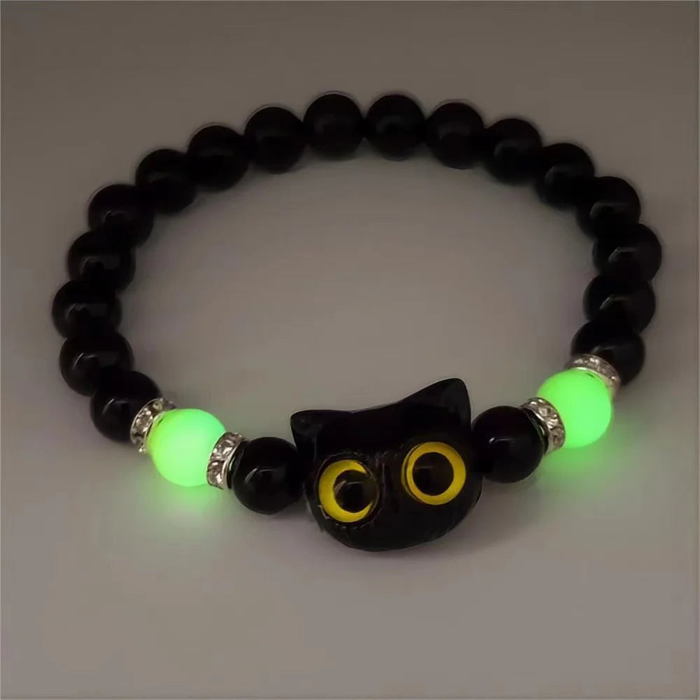 Luminous Cat Matching Bracelets for Couples | Glow-in-the-Dark Black & White Friendship Bangles | Cute Gift for Him & Her