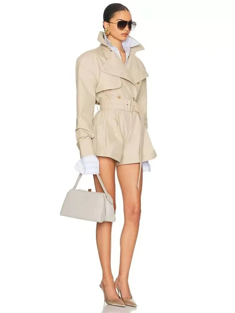 Women’s Winter Sexy Lapel Long Sleeve Belted Double-Breasted Jumpsuit Shorts, Elegant Evening Party Runway Outfit