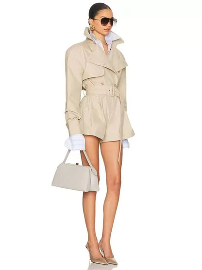 Women’s Winter Sexy Lapel Long Sleeve Belted Double-Breasted Jumpsuit Shorts, Elegant Evening Party Runway Outfit
