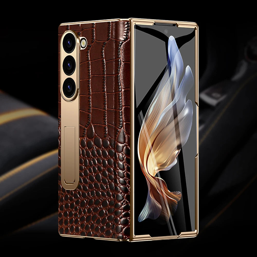 LANGSIDI Leather Case for Samsung Galaxy Z Fold 6/5/4/3 – Gold Plated Magnetic Hinge Cover with Mirror Film & Stand