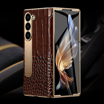 LANGSIDI Leather Case for Samsung Galaxy Z Fold 6/5/4/3 – Gold Plated Magnetic Hinge Cover with Mirror Film & Stand