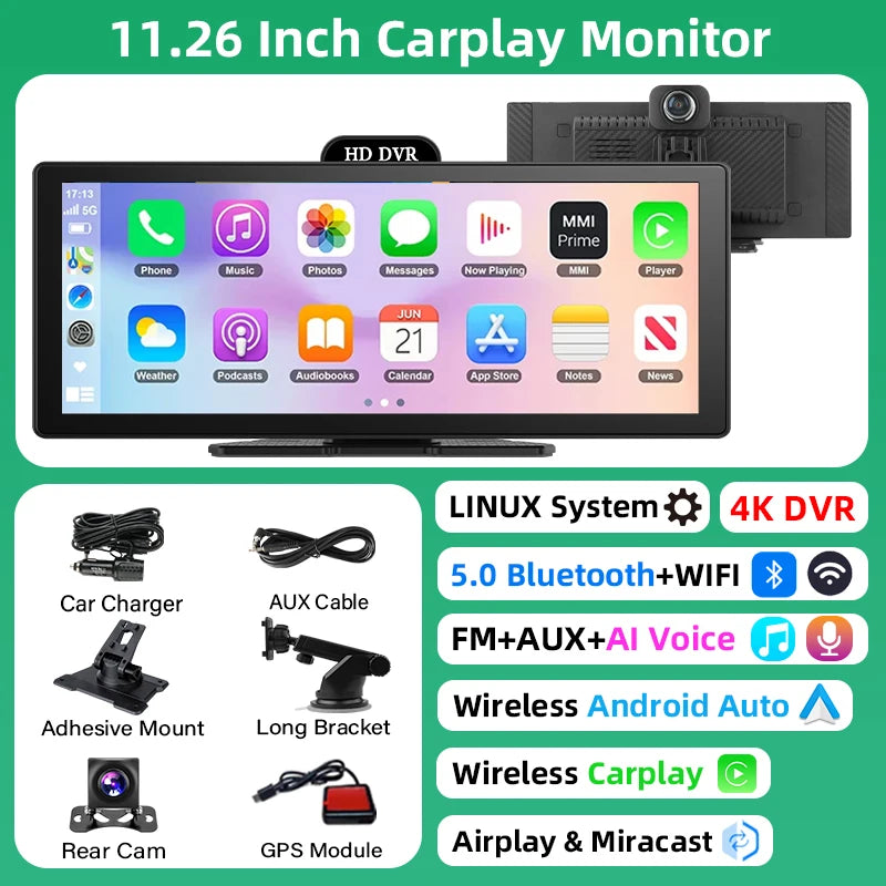 11.26-Inch 4K Dash Cam – Wireless CarPlay & Android Auto, Dual Lens DVR, Bluetooth Audio, GPS Navigation Video Recorder