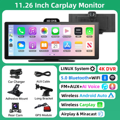 11.26-Inch 4K Dash Cam – Wireless CarPlay & Android Auto, Dual Lens DVR, Bluetooth Audio, GPS Navigation Video Recorder