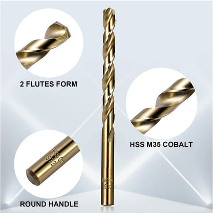 M35 Cobalt Drill Bit Set – High-Speed Steel Jobber Length Twist Drill Kit for Hardened Metal, Stainless Steel, Iron, Wood & Plastic