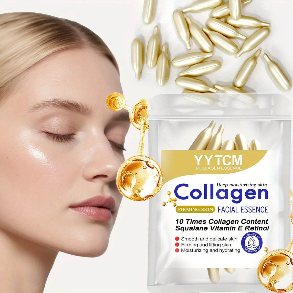 Collagen Firming Capsule Serum 30 Capsules - Hydrating Facial Serum with Plant-Based Squalane, Retinol & Vitamin E
