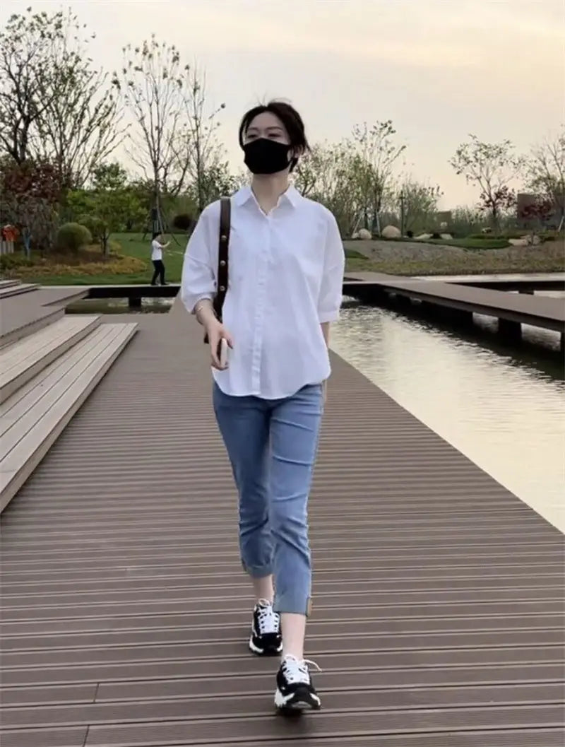 2025 Women’s Cotton Mid-Sleeve Loose Blouse – Casual Irregular Summer Shirt Korean Fashion