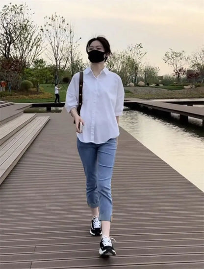 2025 Women’s Cotton Mid-Sleeve Loose Blouse – Casual Irregular Summer Shirt Korean Fashion