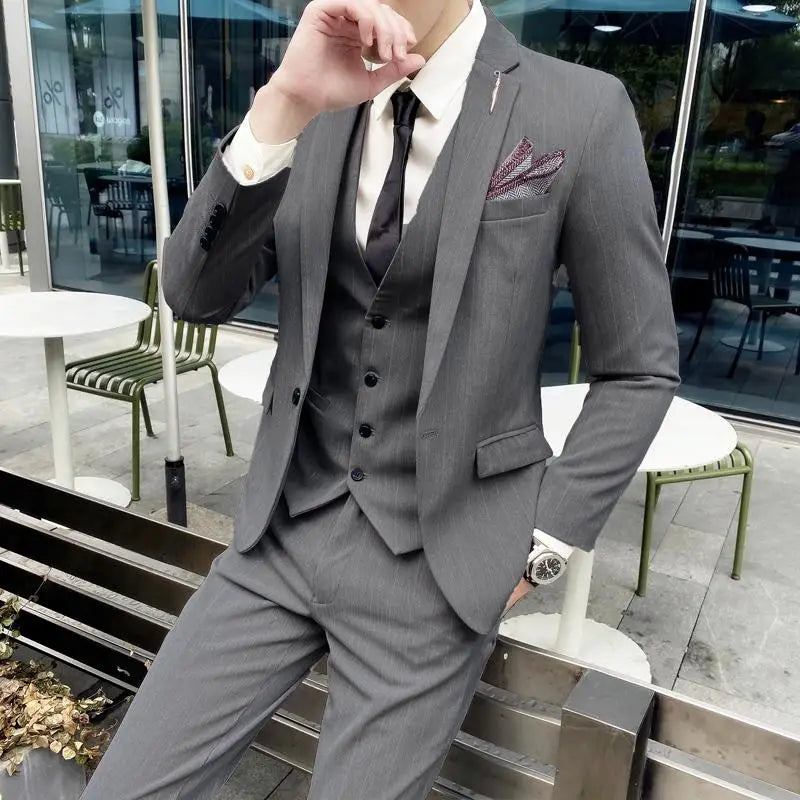 Men’s British Style 3-Piece Suit Set - Slim Fit Vest & Trousers Formal Banquet Fashion Ensemble