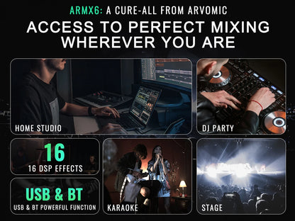 ARVOMIC 6 Channel DJ Audio Mixer – USB Interface, Bluetooth, 16 DSP Effects, 3-Band EQ (ARMX-6)