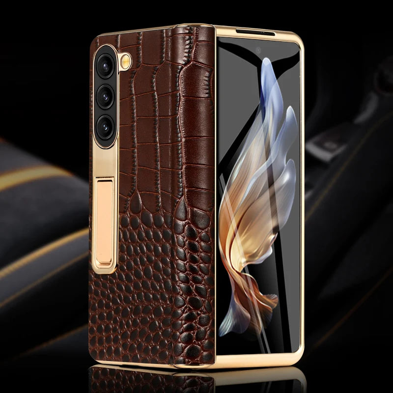 LANGSIDI Leather Case for Samsung Galaxy Z Fold 6/5/4/3 – Gold Plated Magnetic Hinge Cover with Mirror Film & Stand