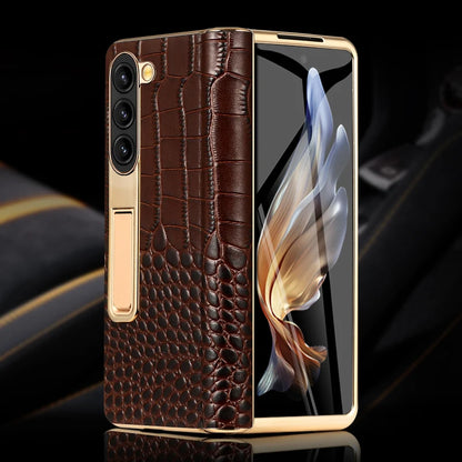 LANGSIDI Leather Case for Samsung Galaxy Z Fold 6/5/4/3 – Gold Plated Magnetic Hinge Cover with Mirror Film & Stand
