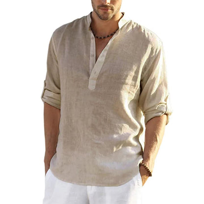 Men’s Cotton Linen Long Sleeve Casual Shirt Loose Fit Breathable Spring Autumn Buttonless Blouse Style Top Fashion Tee S-3XL