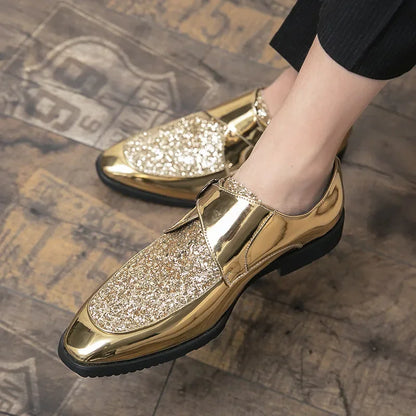 Men’s Gold Patent Leather Moccasins - Pointed Toe Luxury Business & Formal Dress Shoes