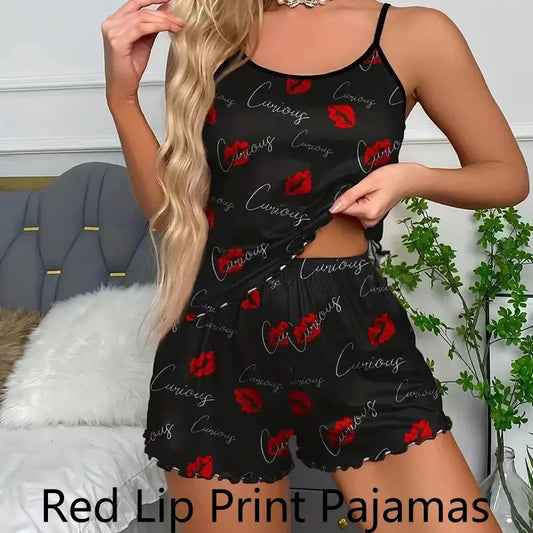 Women's Pajama Set: Camisole and Shorts with Red Lip Print - Ice Silk Comfort for Casual Comfort Sleepwear