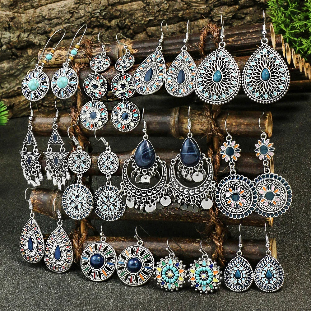 Blue Alloy Turquoise Bohemian Earrings - Retro Geometric Multi-Layer Statement Jewelry