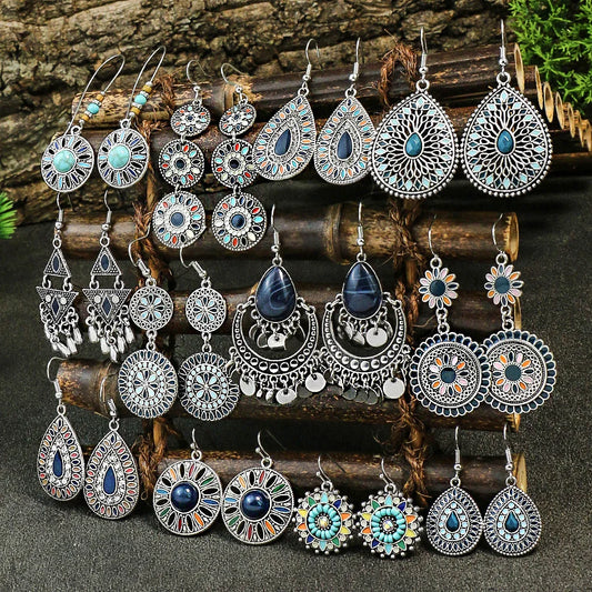 Blue Alloy Turquoise Bohemian Earrings - Retro Geometric Multi-Layer Statement Jewelry