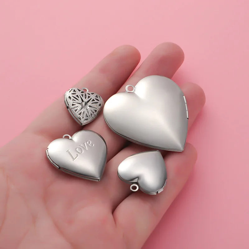 Stainless Steel Photo Locket Charms - 5-Piece Heart, Round & Square Memory Pendant Set
